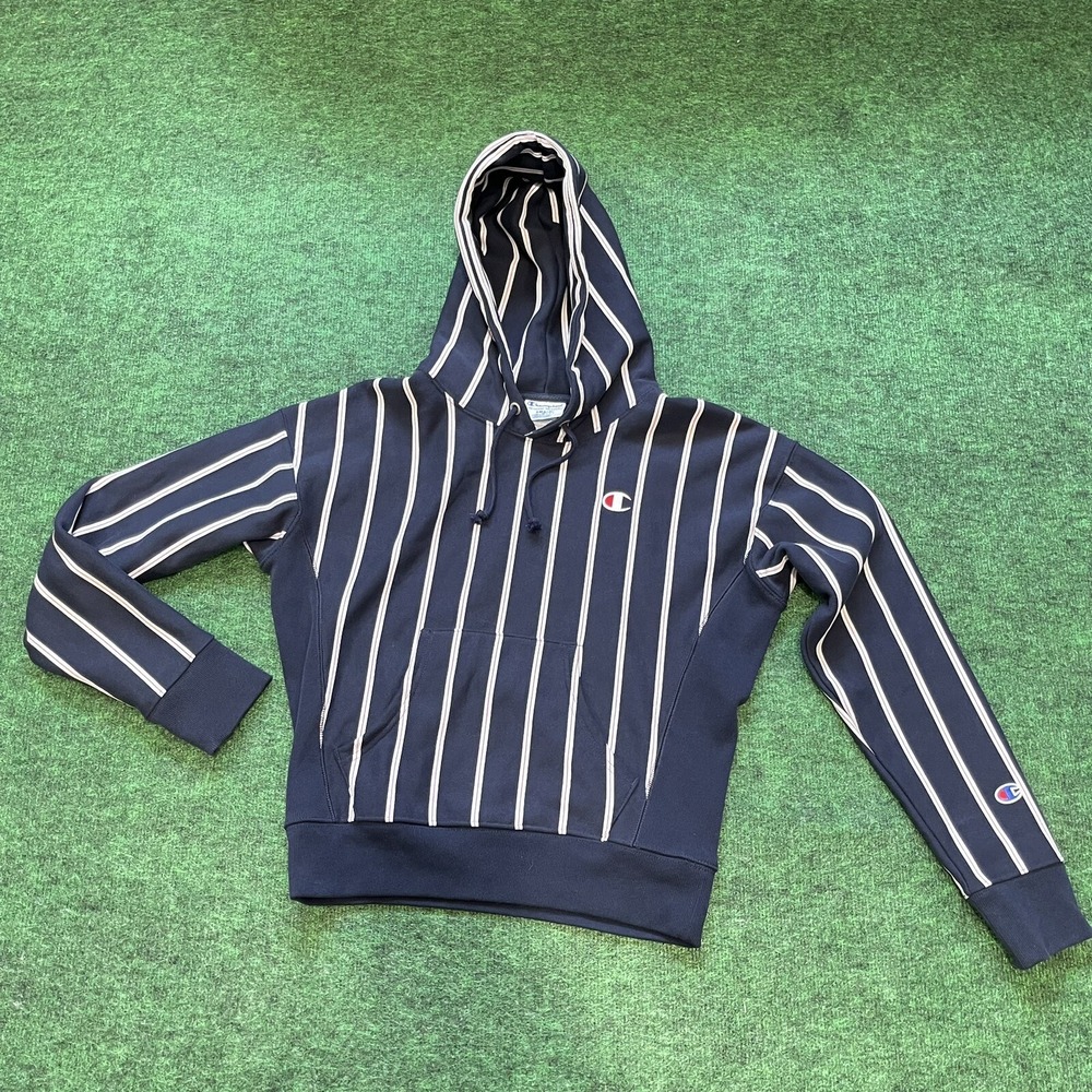 Champion Reverse Weave Sweatshirt Hoodie Women‎ Small Blue Striped  Pullover